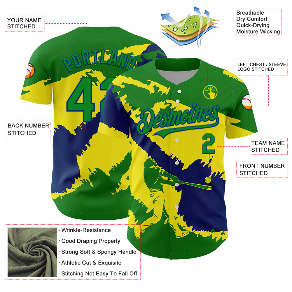 Custom Grass Green US Navy Blue-Light Yellow 3D Brazil Brazilian Flag Authentic Baseball Jersey