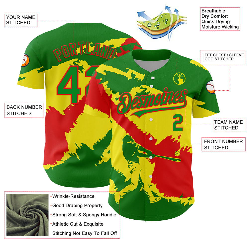 Custom Grass Green Fire Red-Light Yellow 3D Bolivia Bolivian Flag Authentic Baseball Jersey