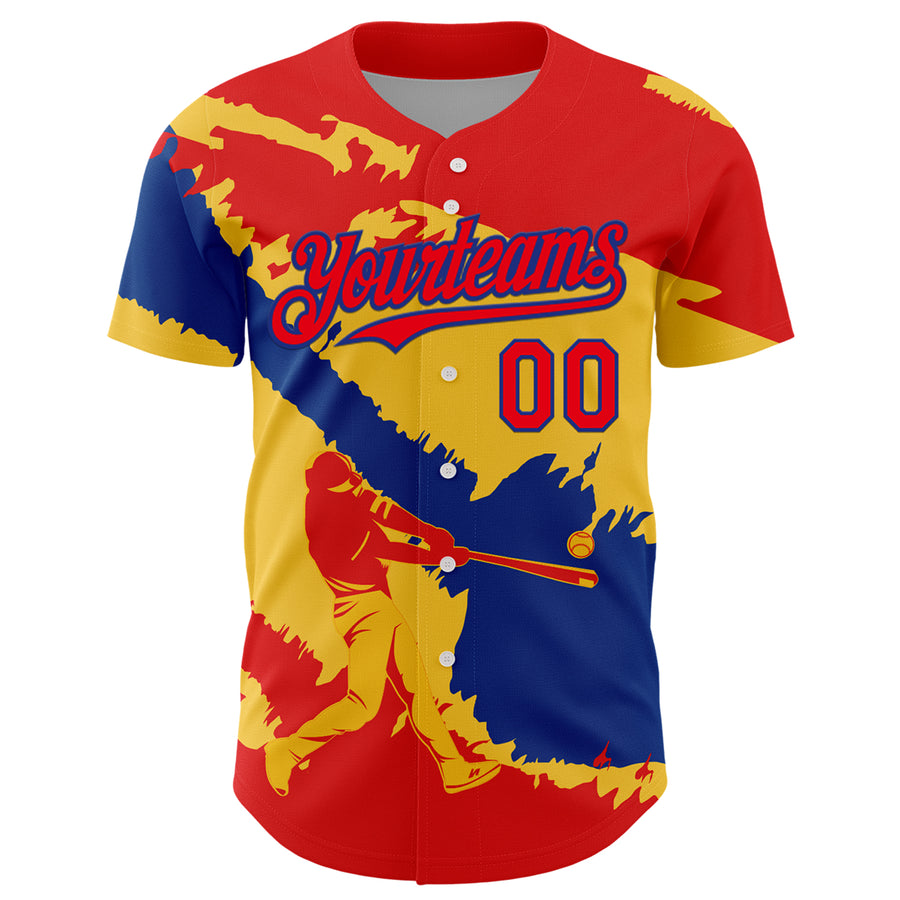 Custom Fire Red Royal-Yellow 3D Colombia Colombian Flag Authentic Baseball Jersey