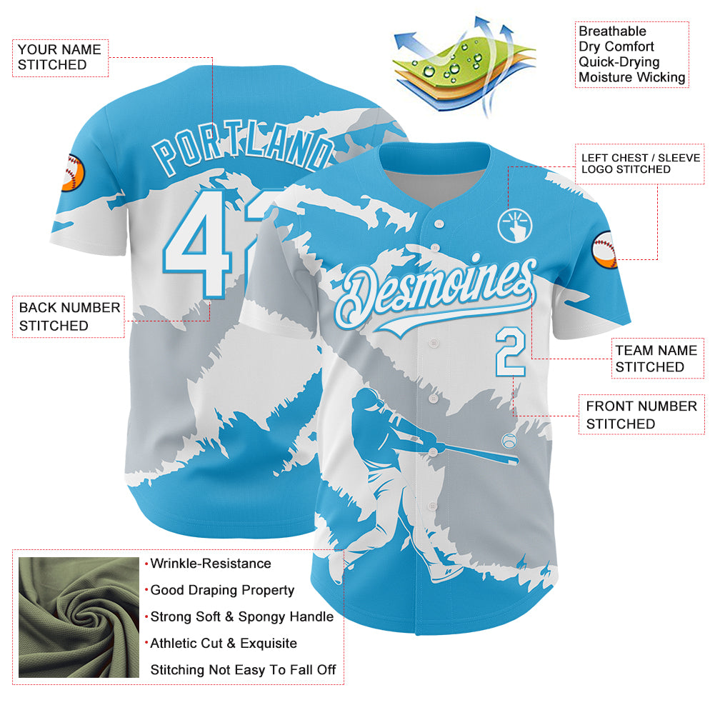 Custom Sky Blue White-Silver 3D Guatemala Guatemalan Flag Authentic Baseball Jersey