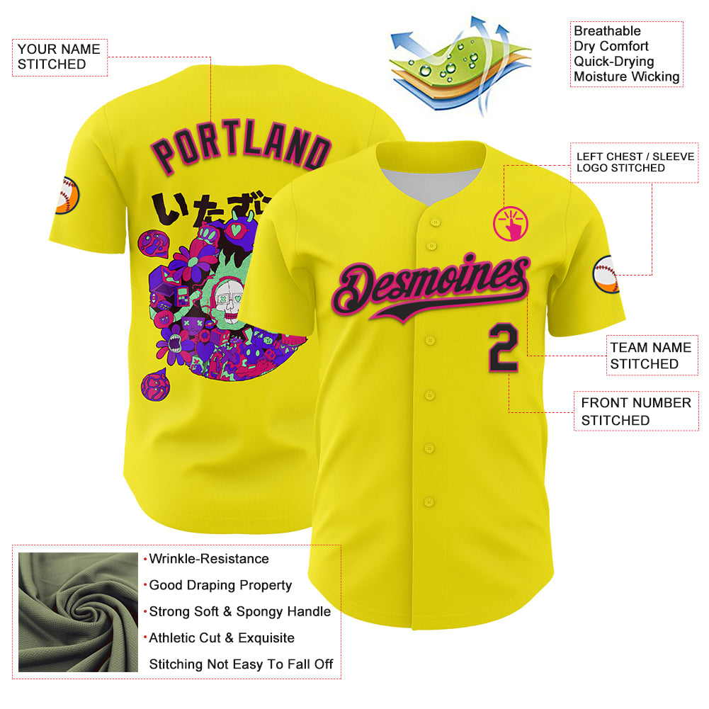 Custom Light Yellow Black-Hot Pink 3D Vaunsart Randomize Authentic Baseball Jersey