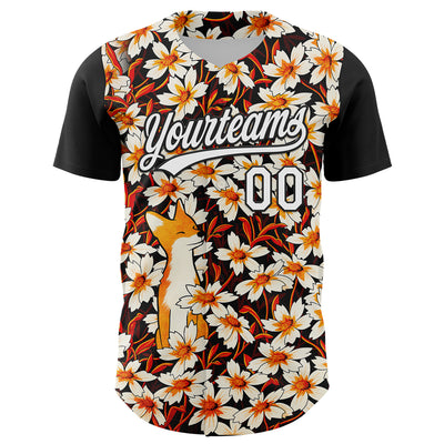 Custom Black White 3D Syntetyc Happy Fox Flowers Authentic Baseball Jersey