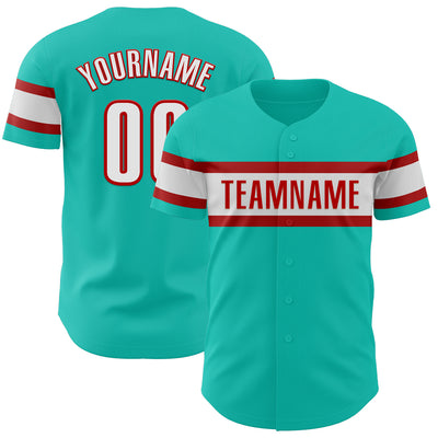 Custom Aqua White-Red Authentic Baseball Jersey