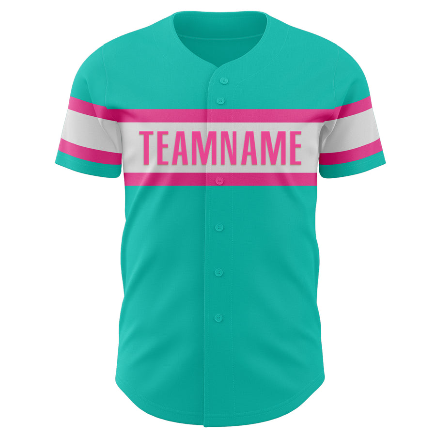 Custom Aqua White-Pink Authentic Baseball Jersey