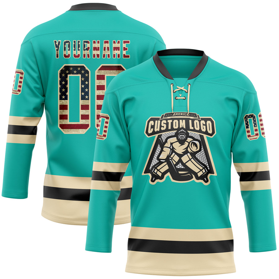 Custom Aqua Vintage USA Flag Cream-Black Hockey Lace Neck Jersey