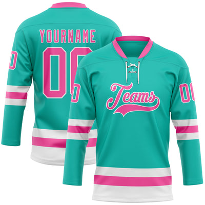 Custom Aqua Pink-White Hockey Lace Neck Jersey