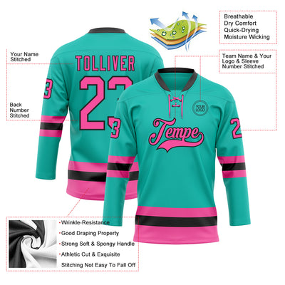 Custom Aqua Pink-Black Hockey Lace Neck Jersey