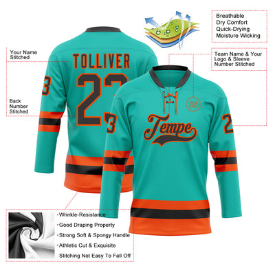 Custom Aqua Black-Orange Hockey Lace Neck Jersey