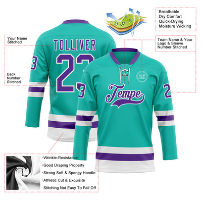 Custom Aqua Purple-White Hockey Lace Neck Jersey