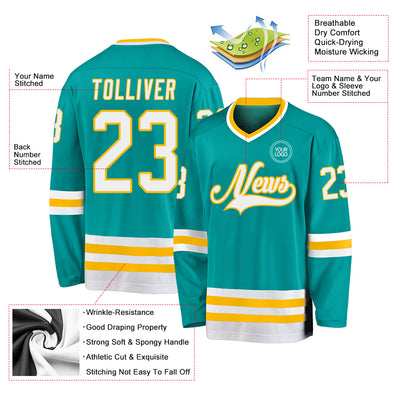 Custom Aqua White-Gold Hockey Jersey