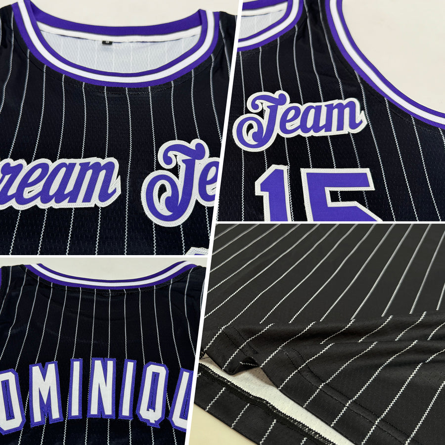 Custom Black White Pinstripe Purple-White Authentic Basketball Jersey