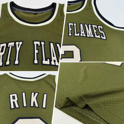 Custom Olive Cream-Black Authentic Throwback Salute To Service Basketball Jersey