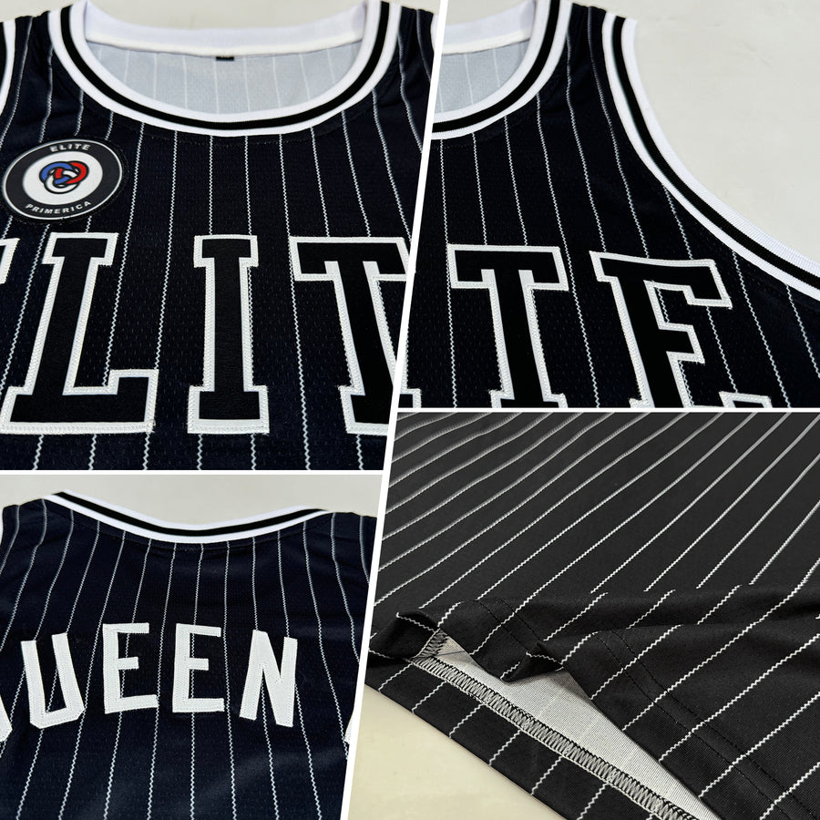 Custom Black White Pinstripe Black-White Authentic Basketball Jersey