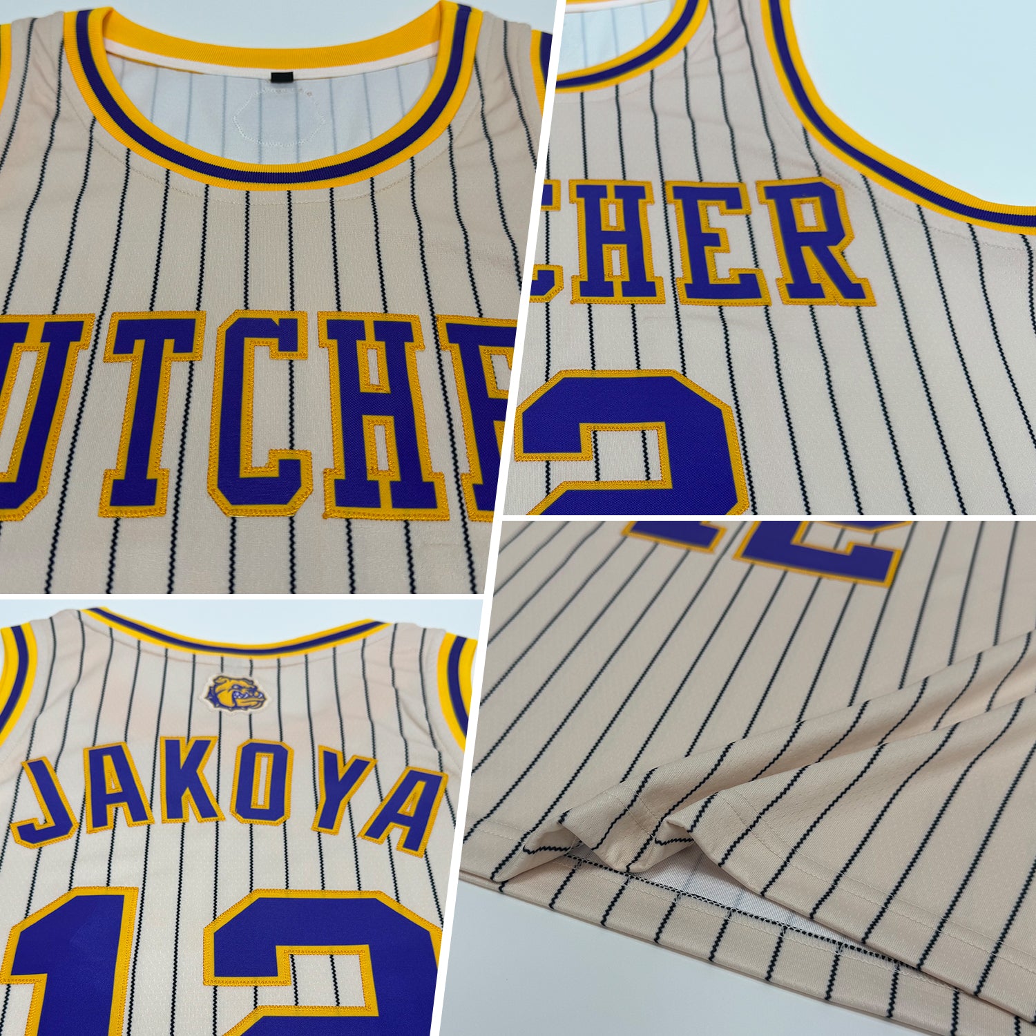 Custom Cream Black Pinstripe Purple-Gold Authentic Basketball Jersey