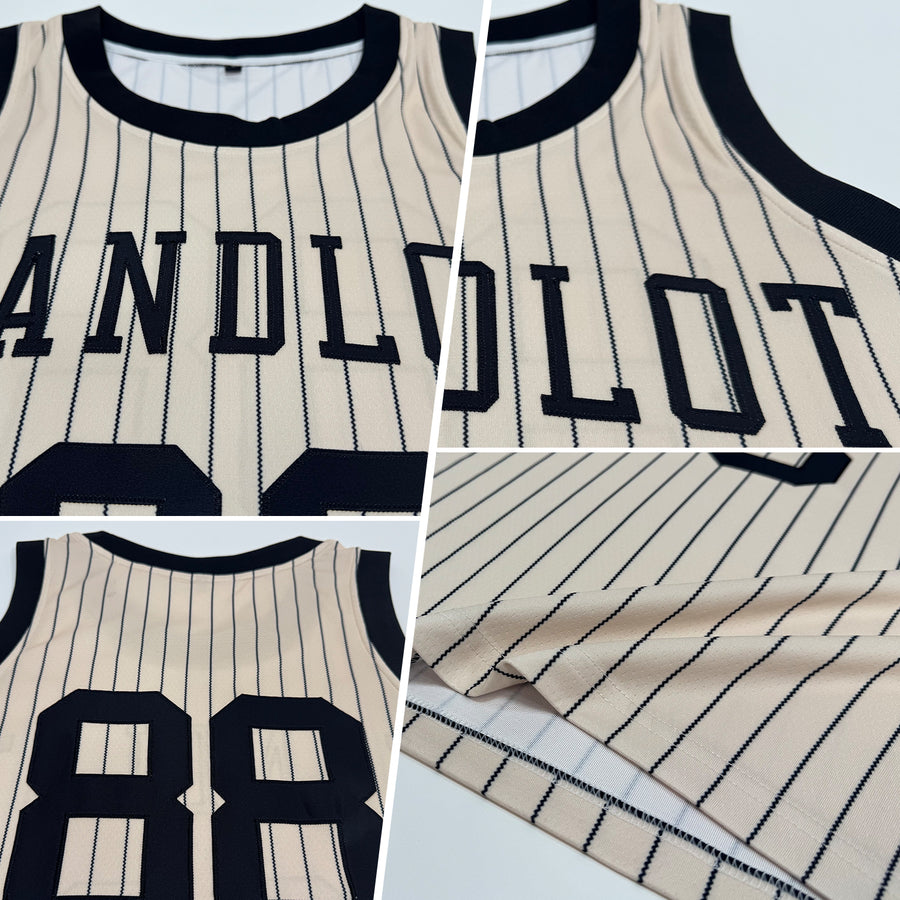 Custom Cream Black Pinstripe Black Authentic Basketball Jersey