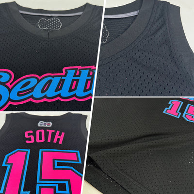 Custom Black Pink-Sky Blue Authentic Throwback Basketball Jersey