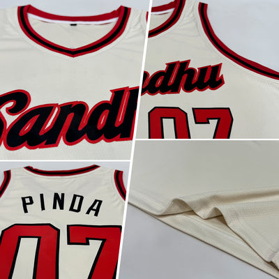 Custom Cream Red-Black Round Neck Rib-Knit Basketball Jersey