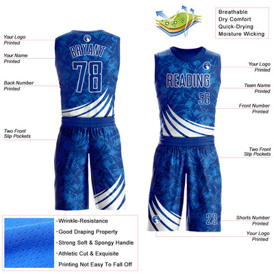 Custom Royal White Wind Shapes Round Neck Sublimation Basketball Suit Jersey