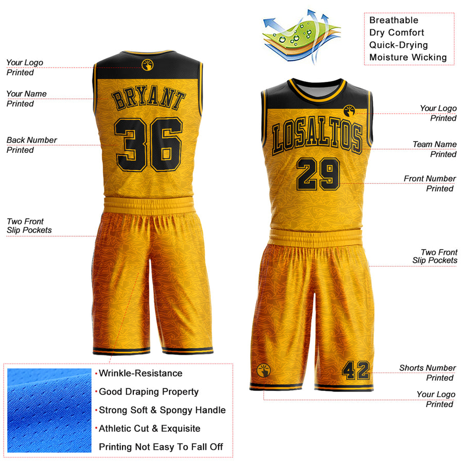 Custom Gold Black Color Block Round Neck Sublimation Basketball Suit Jersey