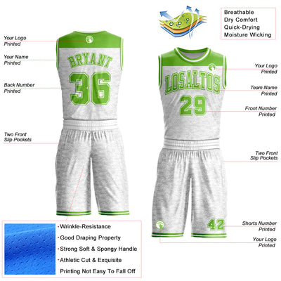 Custom White Neon Green Color Block Round Neck Sublimation Basketball Suit Jersey