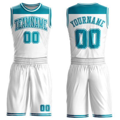 Custom White Teal Color Block Round Neck Sublimation Basketball Suit Jersey