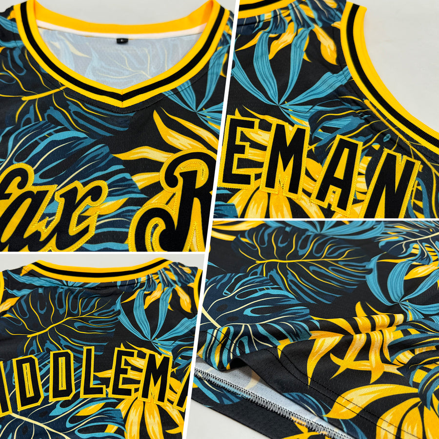 Custom Black Black-Gold 3D Pattern Tropical Hawaii Plants Authentic Basketball Jersey