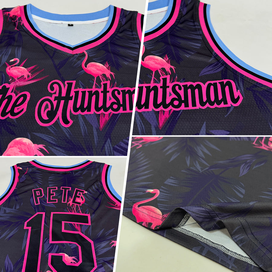 Custom Black Pink-Light Blue 3D Pattern Design Flamingo Authentic Basketball Jersey