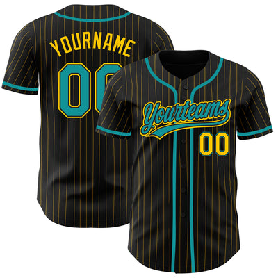 Custom Black Yellow Pinstripe Teal Authentic Baseball Jersey