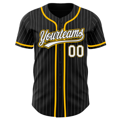 Custom Black White Pinstripe White-Gold Authentic Baseball Jersey