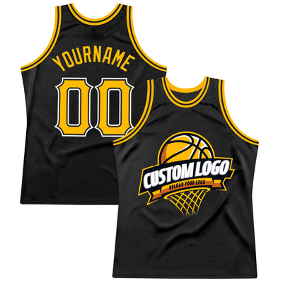 Custom Black Gold-White Authentic Throwback Basketball Jersey