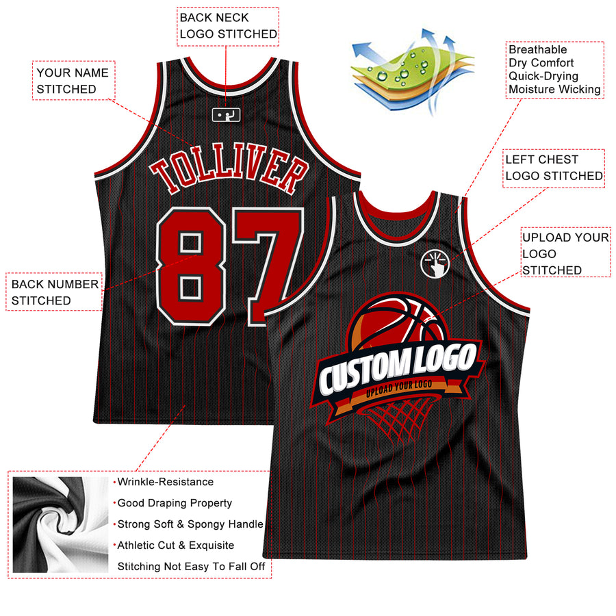 Custom White Red Pinstripe Red-Black Authentic Basketball Jersey S