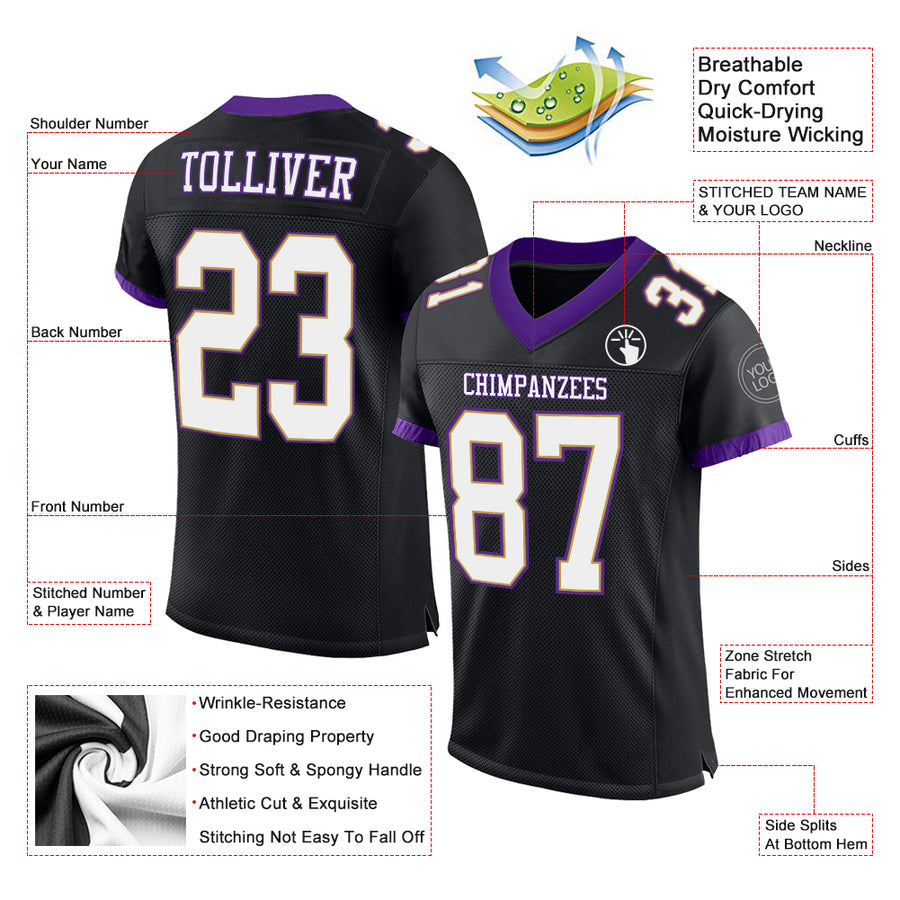 Custom Black White-Purple Mesh Authentic Football Jersey