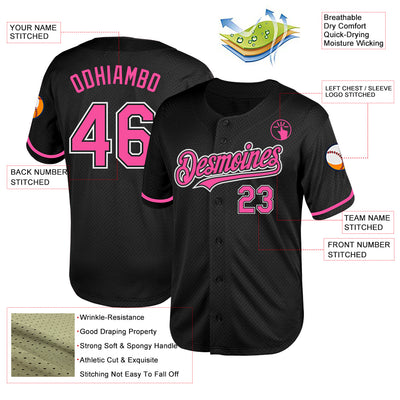 Custom Black Pink-White Mesh Authentic Throwback Baseball Jersey