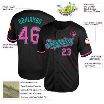 Custom Black Pink-Aqua Mesh Authentic Throwback Baseball Jersey