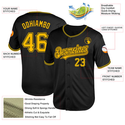 Custom Black Gold Mesh Authentic Throwback Baseball Jersey