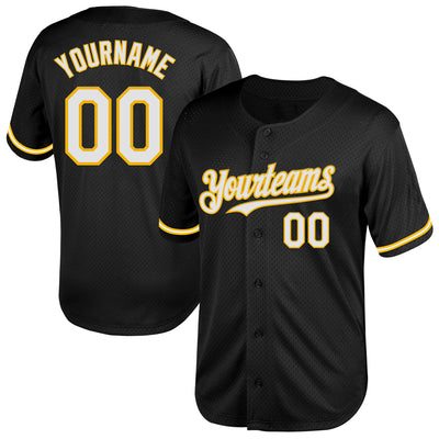 Custom Black White-Gold Mesh Authentic Throwback Baseball Jersey