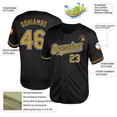 Custom Black Old Gold-White Mesh Authentic Throwback Baseball Jersey