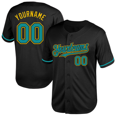 Custom Black Teal-Yellow Mesh Authentic Throwback Baseball Jersey