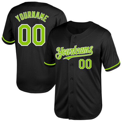 Custom Black Neon Green-White Mesh Authentic Throwback Baseball Jersey