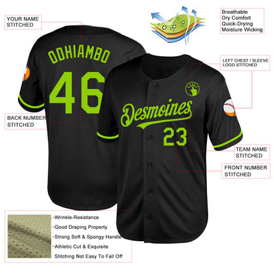 Custom Black Neon Green Mesh Authentic Throwback Baseball Jersey