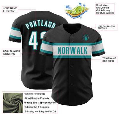 Custom Black White-Teal Authentic Baseball Jersey