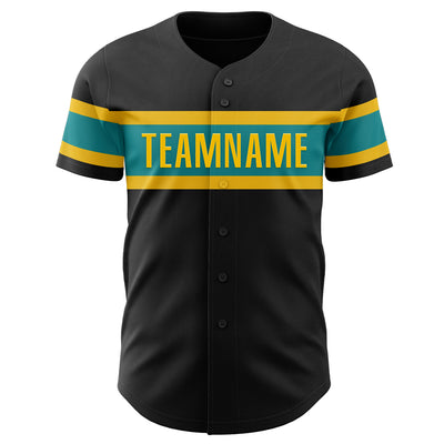 Custom Black Teal-Yellow Authentic Baseball Jersey