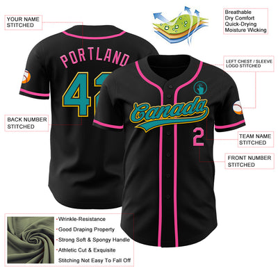 Custom Black Teal Yellow-Pink Authentic Baseball Jersey