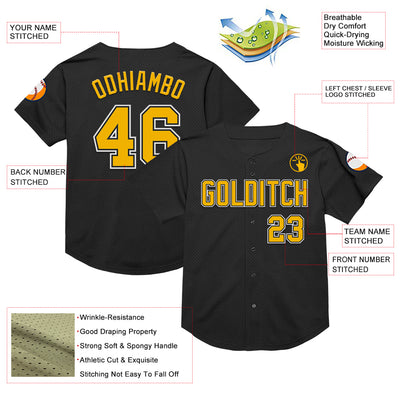 Custom Black Gold-White Mesh Authentic Throwback Baseball Jersey