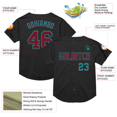 Custom Black Crimson-Teal Mesh Authentic Throwback Baseball Jersey