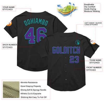 Custom Black Purple-Teal Mesh Authentic Throwback Baseball Jersey