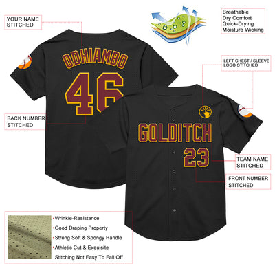 Custom Black Burgundy-Gold Mesh Authentic Throwback Baseball Jersey