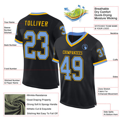 Custom Black Light Blue-Gold Mesh Authentic Throwback Football Jersey