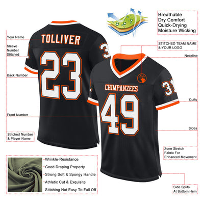 Custom Black White-Orange Mesh Authentic Throwback Football Jersey