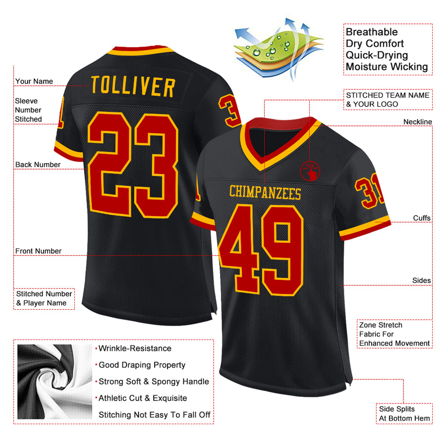 Custom Black Red-Gold Mesh Authentic Throwback Football Jersey